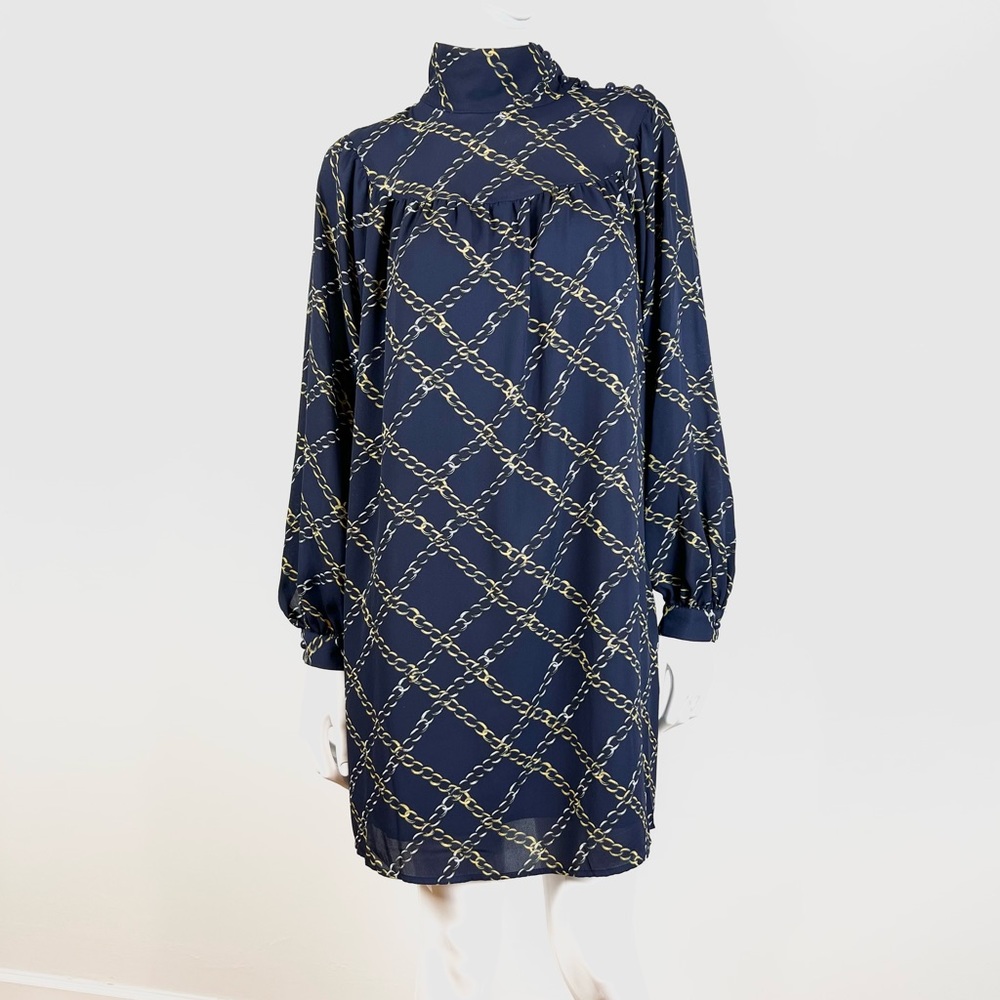 Who What Wear Womens High Neck Button Dress Sz XS Chain Print Navy Blue Gold